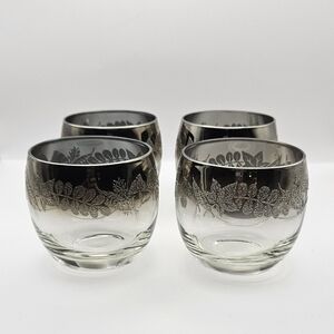 MCM Vintage Silver Fade Roly Poly Glasses Etched Leaf Barware Set of 4